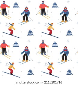 Seamless pattern with skiing friends on white background. Modern design for fabric and paper, surface textures.