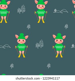 Seamless pattern with a skiing little pig in green hat and sweater on blue background. Vector illustration of a cartoon character of Chinese sign of New year 2019