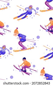 Seamless pattern with skiing. People at ski.