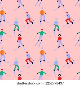 Seamless pattern with skiing people. Winter sport games. Art can be used for Christmas and holiday packing, postcard, backgrounds.