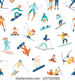 Seamless pattern with skiing and snowboarding people on white background. Backdrop with men, women and children performing winter outdoor sports activities. Colorful flat cartoon vector illustration.