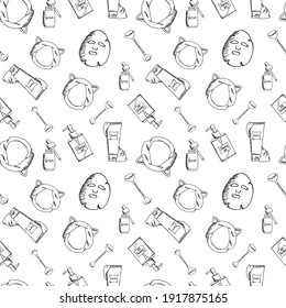 Nahtloses Muster mit kosmetischen Hautpflegemitteln. Cremes, Masken, Massager, Seren, Schäume - Design-Elemente für Schönheit. Vektor monochrome handgezeichnete Illustration. Doodle-Stil