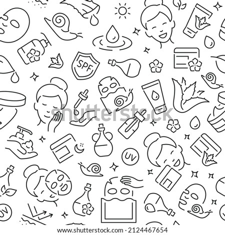 Seamless pattern with skin care cosmetic. Black and white thin line icons