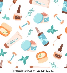 Patrón sin inconvenientes con productos de cuidado de la piel ilustraciones planas de dibujos animados, loción corporal, toner facial y crema. Objetos cosméticos vectoriales en tubo con hojas sobre fondo blanco