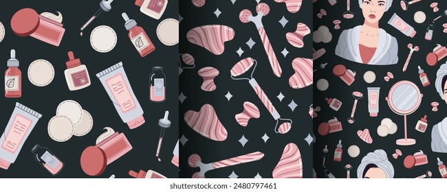 Seamless pattern with skin care products. A set of backgrounds with beauty products, creams, gua sha, etc. Skin and body care.