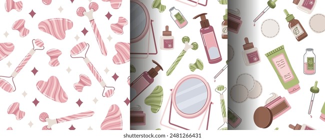 Seamless pattern with skin care products. A set of backgrounds with beauty products, creams, gua sha, etc. Skin and body care.