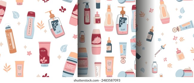 Seamless pattern with skin care products. Set of backgrounds with beauty products, creams, gels, etc. Skin and body care.