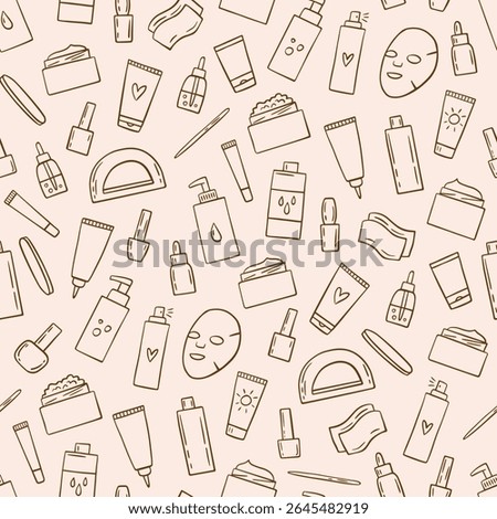 Seamless pattern with skin care products, cosmetics. Hand-drawn vector texture with bottles and tubes. Beauty products doodle on beige background.