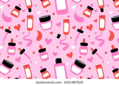 seamless pattern, skin care, valentine's day, beauty, cosmetic, routine, heart, serum, cosmetics, packaging, cosmetology, element, female, girl, salon, facial, item, skincare, wellness, perfume, colle