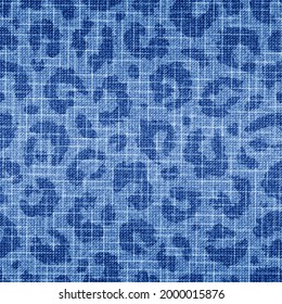 Seamless pattern skin leopard, cheetah or panther. Animal print. Fashion style. Fade effect. Repeated abstract indigo pattern. Repeating blue background. Woven jeans texture for design prints. Vector