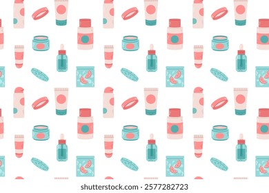 Seamless pattern of skincare products, including jars, bottles, and creams in soft pastel tones. Perfect for beauty-themed designs, wrapping paper, or backgrounds