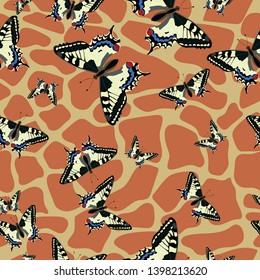 Seamless pattern skins of giraffe and machaon butterflies. Vector template