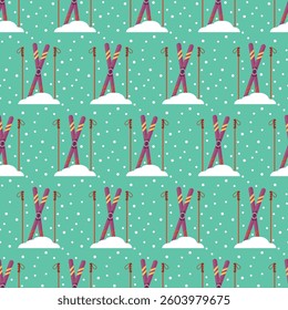 seamless pattern skis winter sports snow blue purple white background wallpaper textiles giftwrap vector fabric