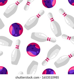 Seamless pattern with skittles and bowling balls in flat style. Stylized sport equipment background.