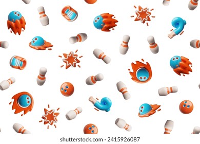 Seamless pattern with skittles and bowling balls, hands and special boots 3D style, vector illustration on white background. Decorative for wrapping and packaging, game