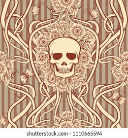 Seamless pattern  with skull in art nouveau style, vector illustration