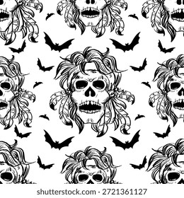 Seamless pattern with skull, bat and feathers. Black and white. Halloween vector illustration.