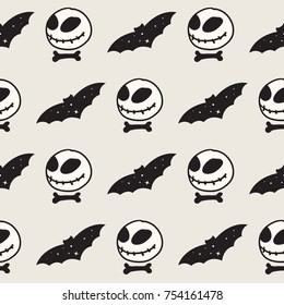 Seamless pattern with skull and bat illustration. Stitched mouth big black-eyed toy. Fantastic repeating doodle character texture. Black and white creative vector background. Cool halloween concept.