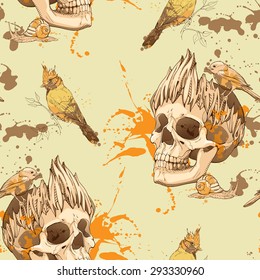 seamless pattern with skull, bird and snail, with blots of paint in background