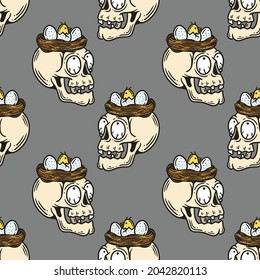 seamless pattern of a skull with a bird's nest and hatching eggs