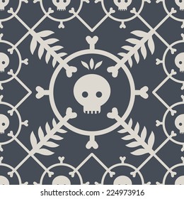 Seamless pattern with skull, bones and branch. Vector background.
