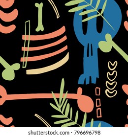 The seamless  pattern with skull, bones and plants. Hand drawn overlapping abstract background for your design.Textile, blog decoration, banner, poster, wrapping paper.
