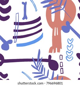 The seamless  pattern with skull, bones and plants. Hand drawn overlapping abstract background for your design.Textile, blog decoration, banner, poster, wrapping paper.
