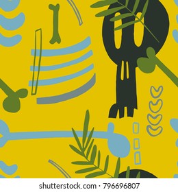 The seamless  pattern with skull, bones and plants. Hand drawn overlapping abstract background for your design.Textile, blog decoration, banner, poster, wrapping paper.
