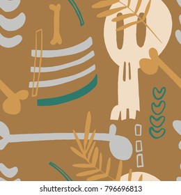 The seamless  pattern with skull, bones and plants. Hand drawn overlapping abstract background for your design.Textile, blog decoration, banner, poster, wrapping paper.