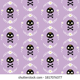 Seamless pattern with skull and bones surrounded by a wreath of flowers. Cute pattern in flat style with human scoop painted in calavera style. For wallpaper, backgound, wrapping paper, textile.