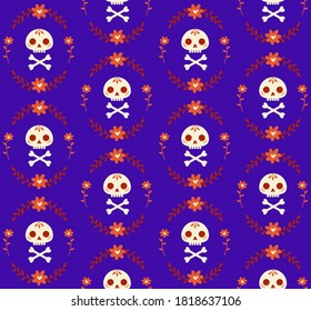 Seamless pattern with skull and bones surrounded by a wreath of flowers. Cute pattern in flat style with human scoop painted in calavera style. For wallpaper, background, wrapping paper, textile.