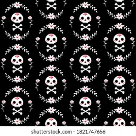 Seamless pattern with skull and bones surrounded by a wreath of flowers. Cute pattern in flat style with human scoop painted in calavera style. For wallpaper, backgound, wrapping paper, textile.