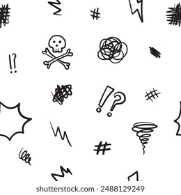 Seamless pattern with skull, bones and swearing icons. Simple doodle elements for concept design.