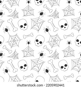 Seamless pattern with skull, bones, web and spider. Halloween line background