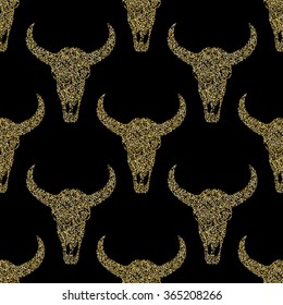 Seamless pattern. Skull bulls on black background