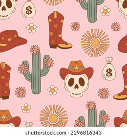 seamless pattern with skull, cactus, boot, cowboy hat