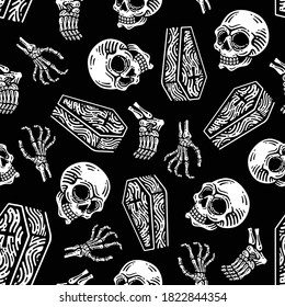 seamless pattern of skull, casket, hand bones, leg bones in dark background. Vector Happy Halloween greeting card and trick or treat