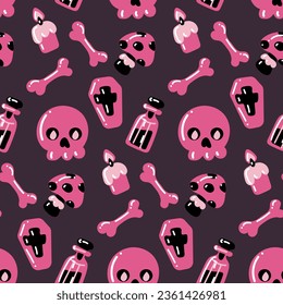 Patrón sin foco de cráneo, ataúd, huesos, velas, veneno, Amanita en colores rosa y negro sobre fondo gris. Ilustración festiva vectorial en estilo de caricatura para niños en Halloween. Paquetes parti