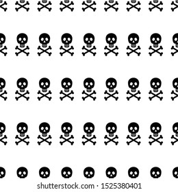 Seamless pattern with skull and crossbones. Pattern of black silhouettes. Sign of poison, danger, pirate flag. For greeting cards and decoration of Halloween holiday promotion. Wallpaper, textiles, pa
