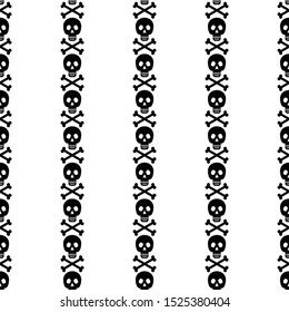 Seamless pattern with skull and crossbones. Pattern of black silhouettes. Sign of poison, danger, pirate flag. For greeting cards and decoration of Halloween holiday promotion. Wallpaper, textiles, pa