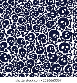 Seamless pattern skull and crossbones doodle background. Template black skull pattern background. Design cartoon doodle wallpaper. Skull doodle print fabric, holidays Halloween, gift wrapping paper