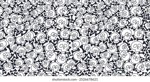 Seamless pattern skull and crossbones doodle background. Template black skull pattern background. Skull doodle print fabric, holidays Halloween, gift wrapping paper. Design cartoon doodle wallpaper.