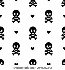 Seamless pattern with skull and crossbones, heart isolated on white background. Vector flat illustration. Design for Halloween backdrop, textile, wrapping, wallpaper