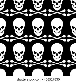 Seamless pattern with skull and crossbones on black background. Vector illustration.