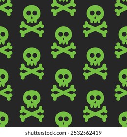 seamless pattern of skull and crossbones in poison green in flat design style on a black background