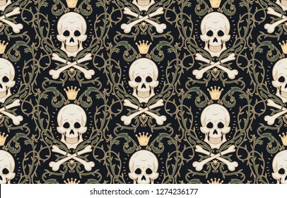 seamless pattern with skull in crown