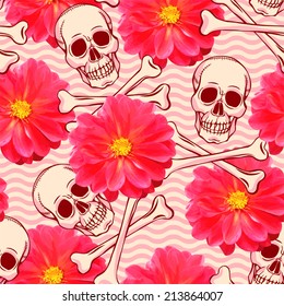seamless pattern with skull and dahlia