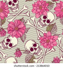 seamless pattern with skull and dahlia