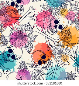 seamless pattern with skull and dahlia