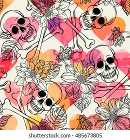 Seamless pattern with skull and dahlia. Freehand drawing